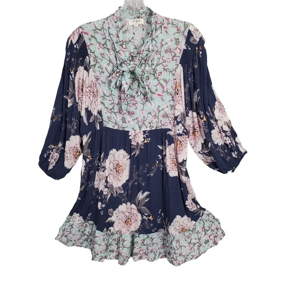 Umgee Size L Dress Blue CottageCore Floral Crinkle V-neck Ribbon Tie Puff Sleeve - Picture 2 of 9